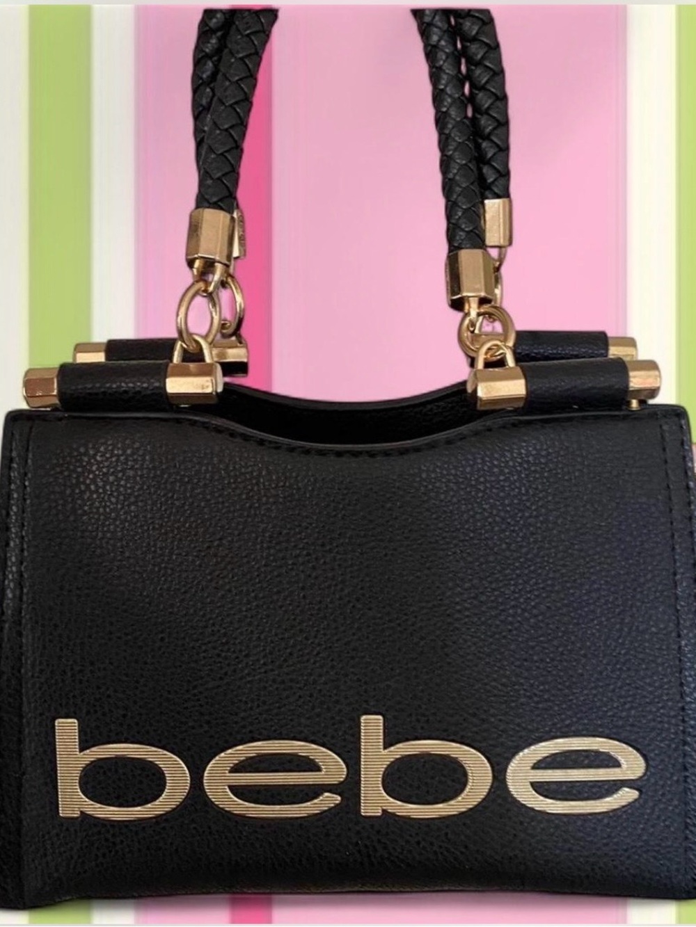 bebe Black Bag with Gold Logo and Braided Handles